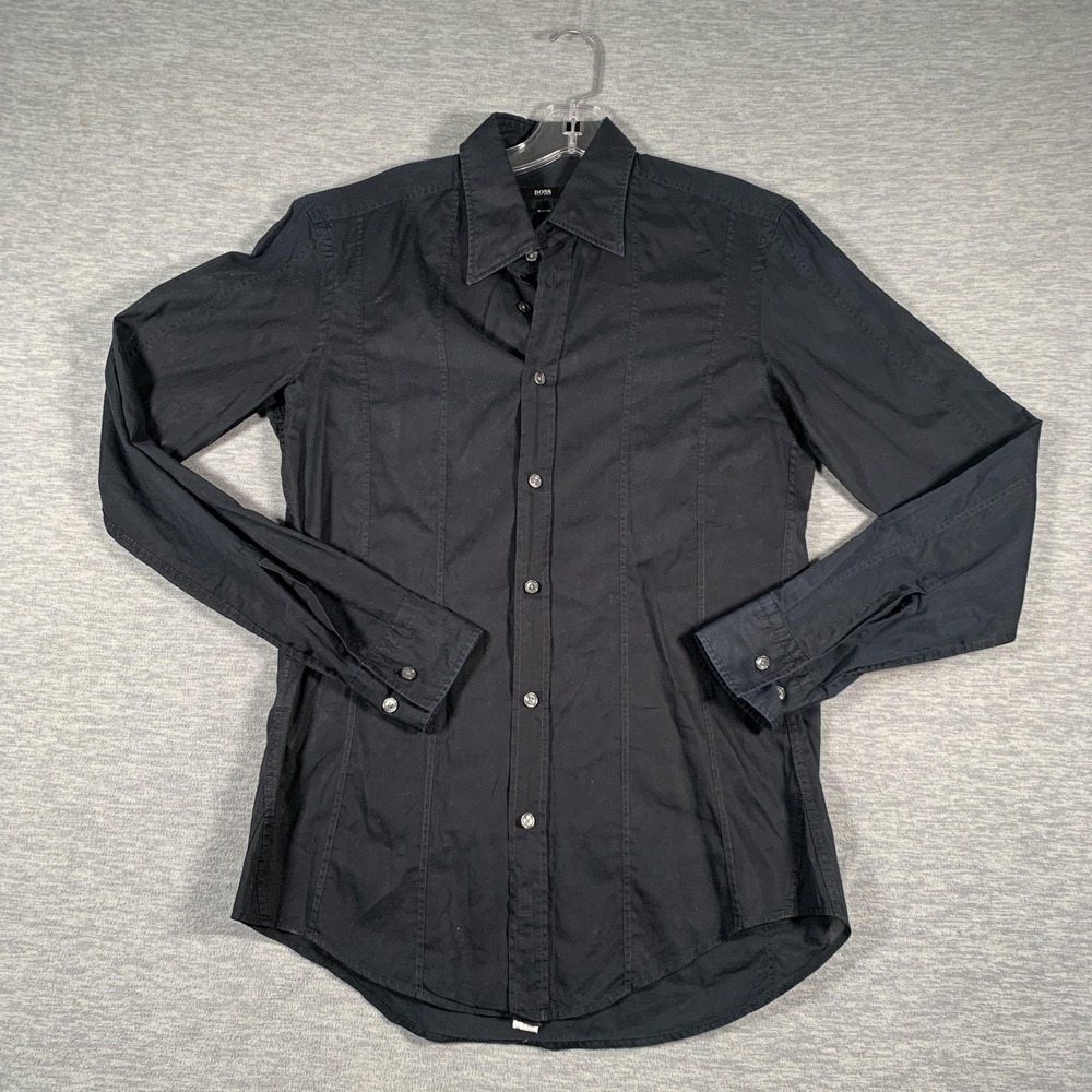 BOSS Hugo Boss Shirt Mens Small Black Solid Slim Fit Cotton Long Sleeve Dress